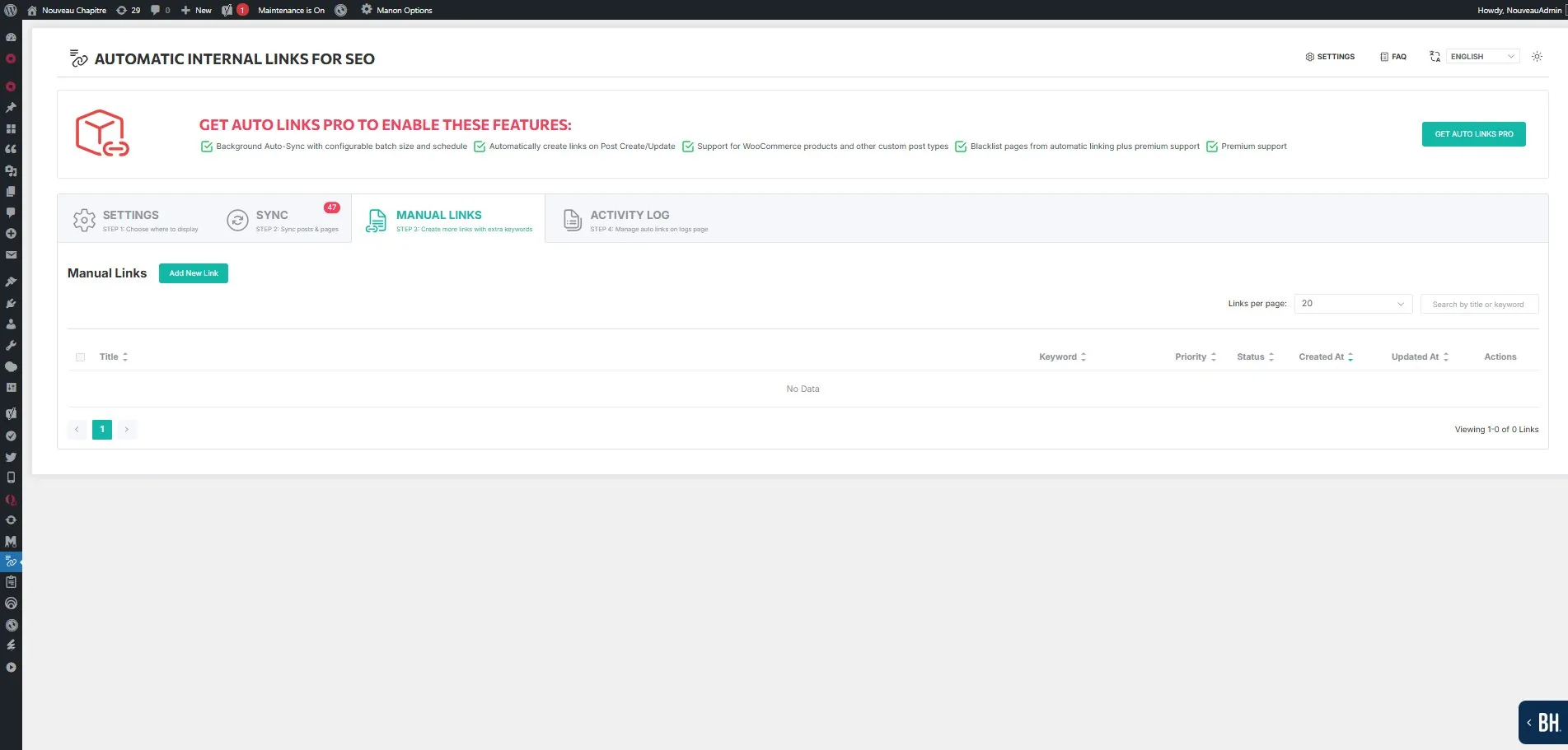 Interface de liens manuels