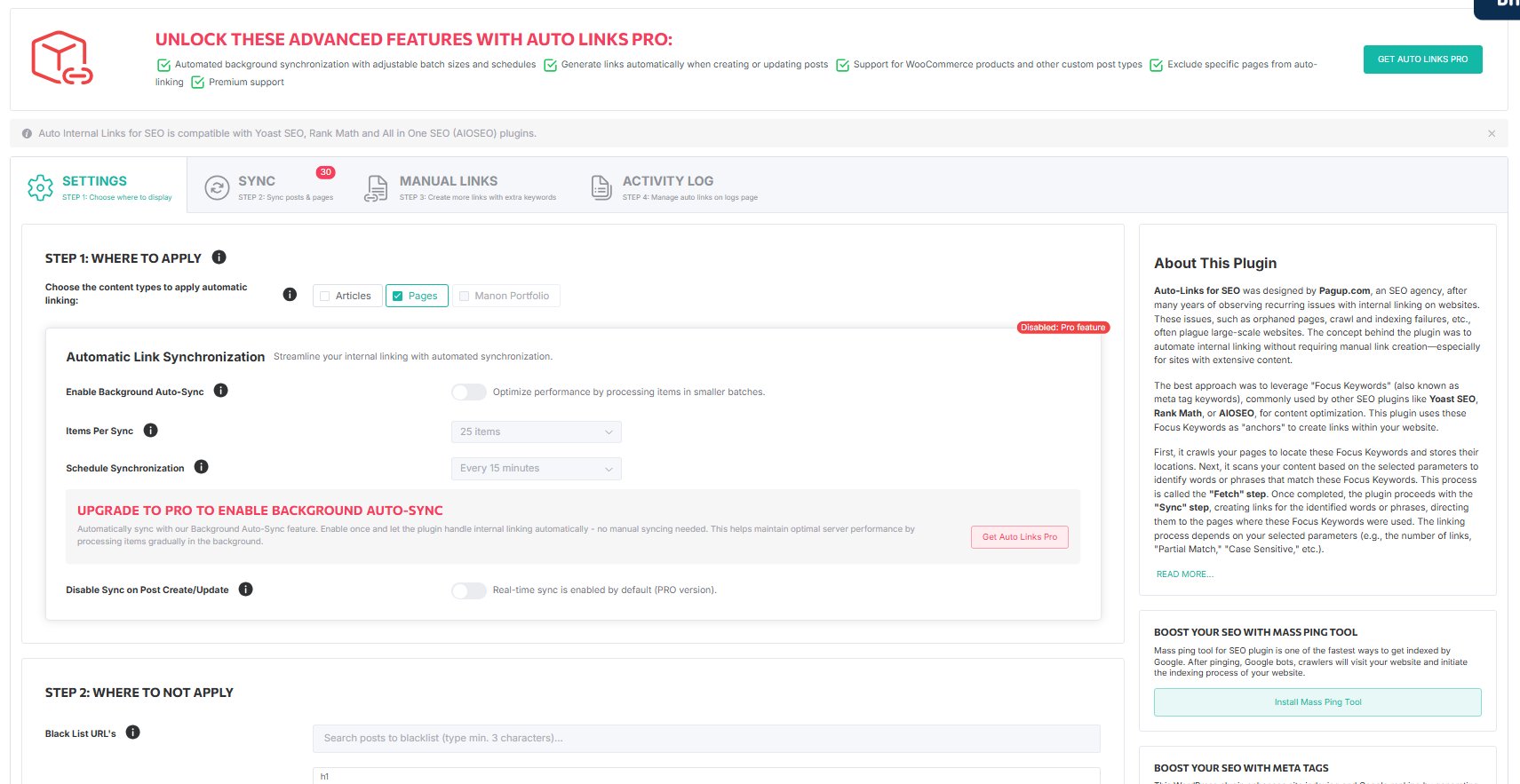 Automatic Internal Links — Settings page with post types and auto-sync options